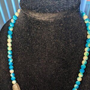New long blue and white glass bead necklace with two kinds of beads